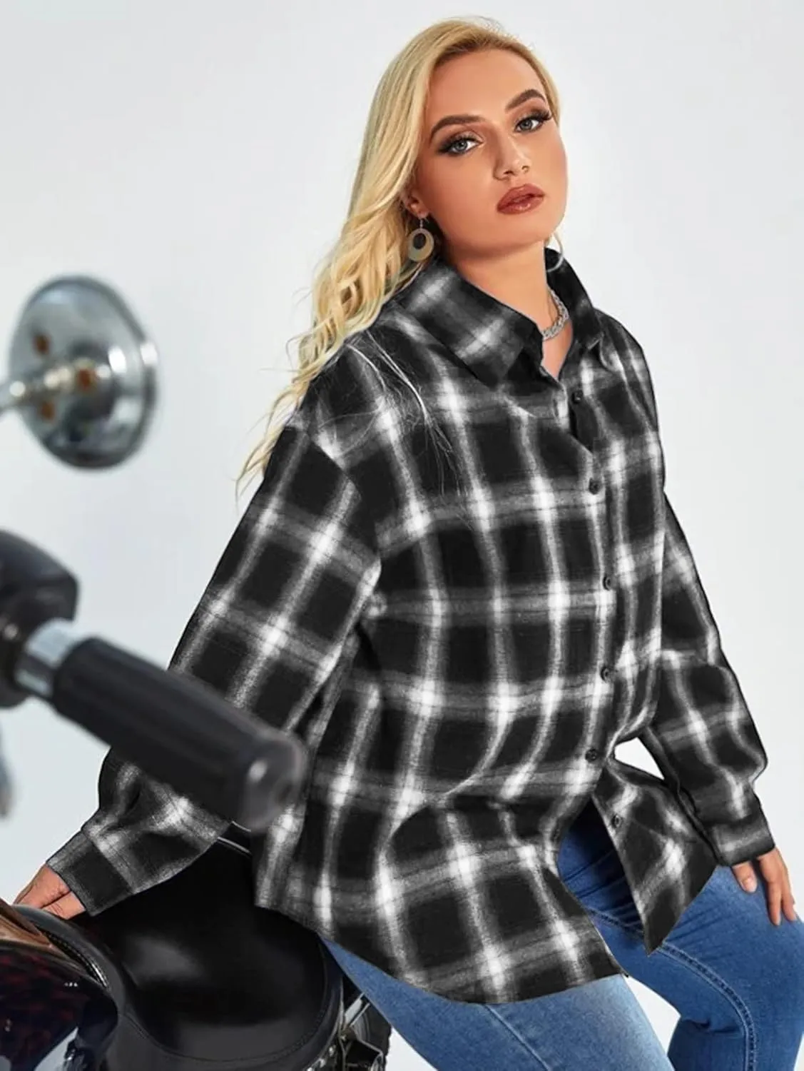 IN'VOLAND Womens Plus Size Flannel Plaid Shirt Roll Up Long Sleeve Mid-Long Button Down Shirts Casual Boyfriend Tops