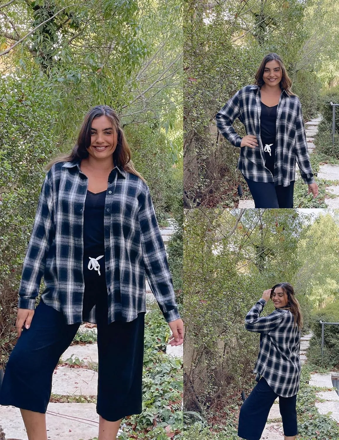 IN'VOLAND Womens Plus Size Flannel Plaid Shirt Roll Up Long Sleeve Mid-Long Button Down Shirts Casual Boyfriend Tops