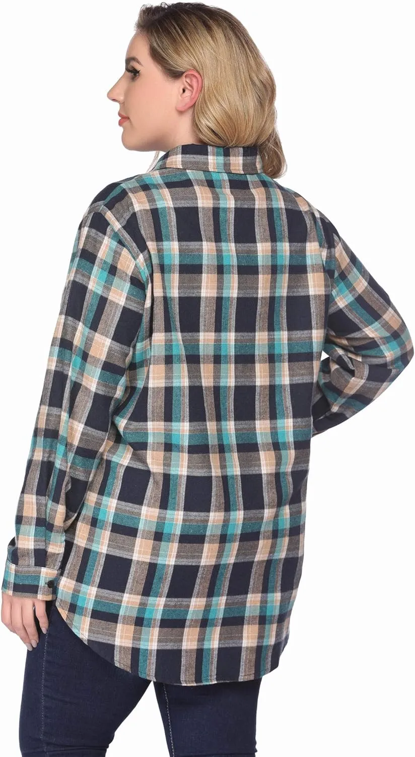 IN'VOLAND Womens Plus Size Flannel Plaid Shirt Roll Up Long Sleeve Mid-Long Button Down Shirts Casual Boyfriend Tops