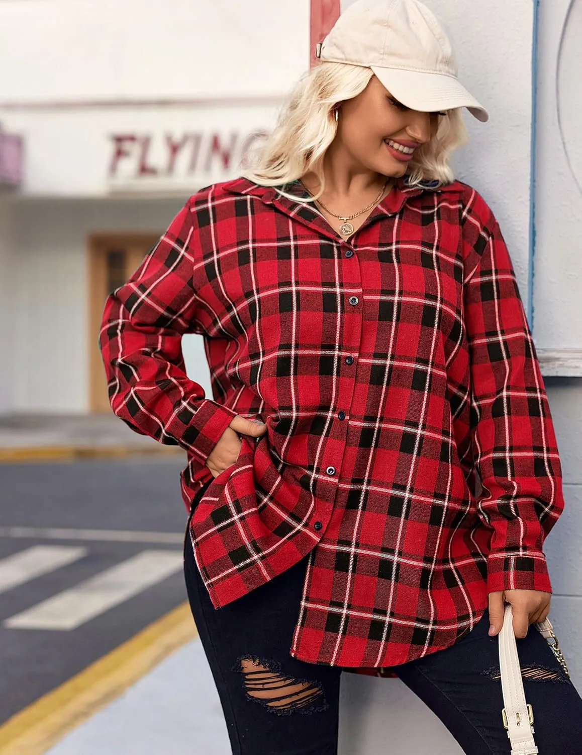 IN'VOLAND Womens Plus Size Flannel Plaid Shirt Roll Up Long Sleeve Mid-Long Button Down Shirts Casual Boyfriend Tops