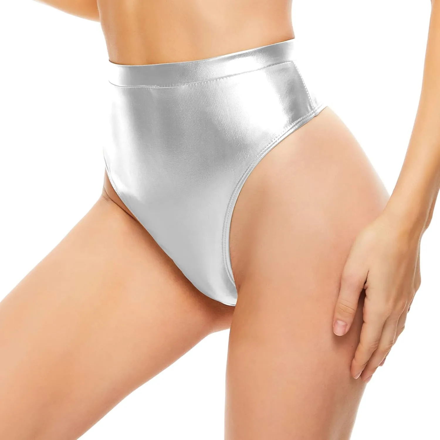 Kepblom Women's Thong Metallic Rave Bottoms Shiny High Waisted Panties for Festival Clubwear Dancing