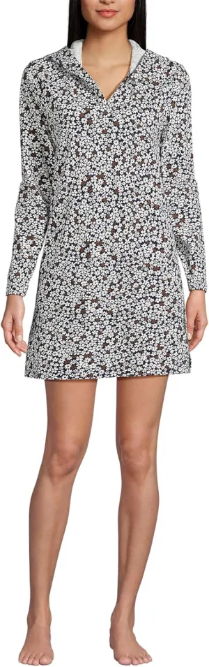 Lands' End Women's Cotton Jersey Long Sleeve Hooded Swim Cover-up Dress