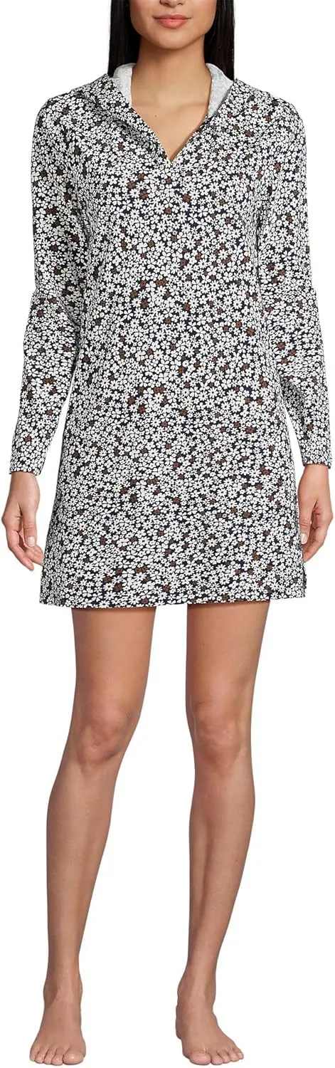 Lands' End Women's Cotton Jersey Long Sleeve Hooded Swim Cover-up Dress