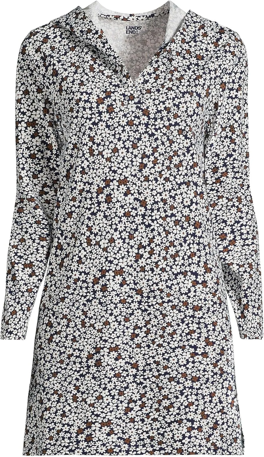 Lands' End Women's Cotton Jersey Long Sleeve Hooded Swim Cover-up Dress