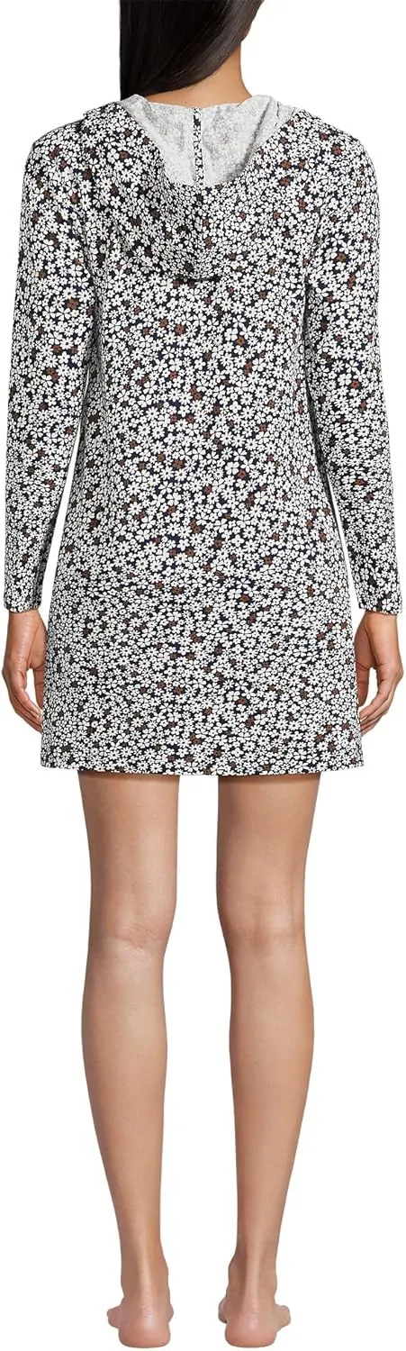Lands' End Women's Cotton Jersey Long Sleeve Hooded Swim Cover-up Dress