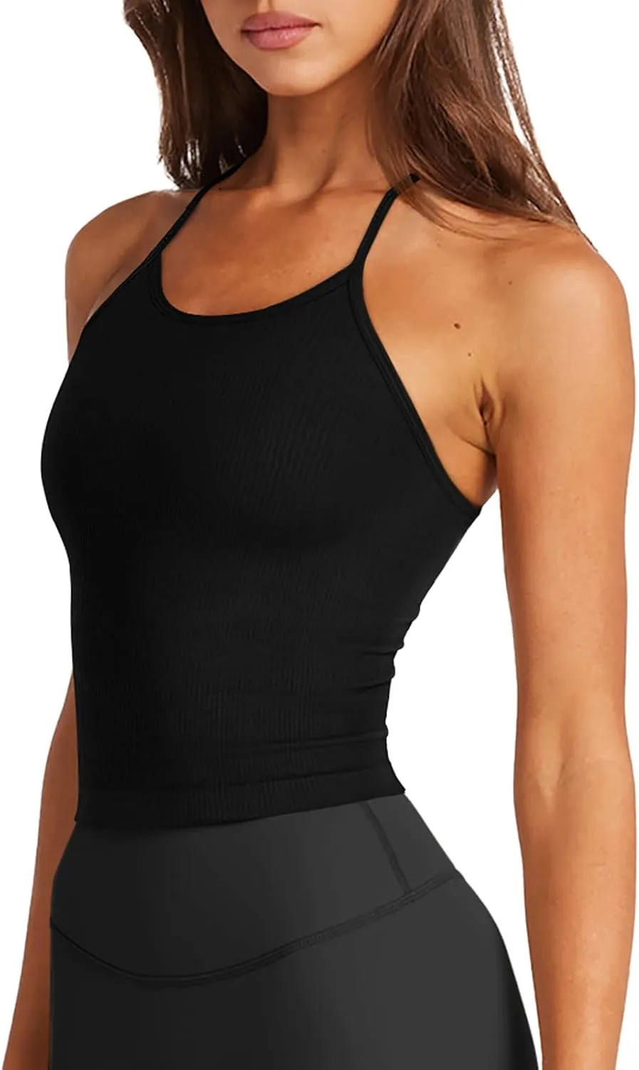 LASLULU Womens Sports Bra Seamless Long Crop Tank Racer Back Spaghetti Strap Workout Yoga Bra Padded Halter Neck Casual Tops
