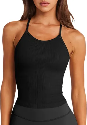 LASLULU Womens Sports Bra Seamless Long Crop Tank Racer Back Spaghetti Strap Workout Yoga Bra Padded Halter Neck Casual Tops