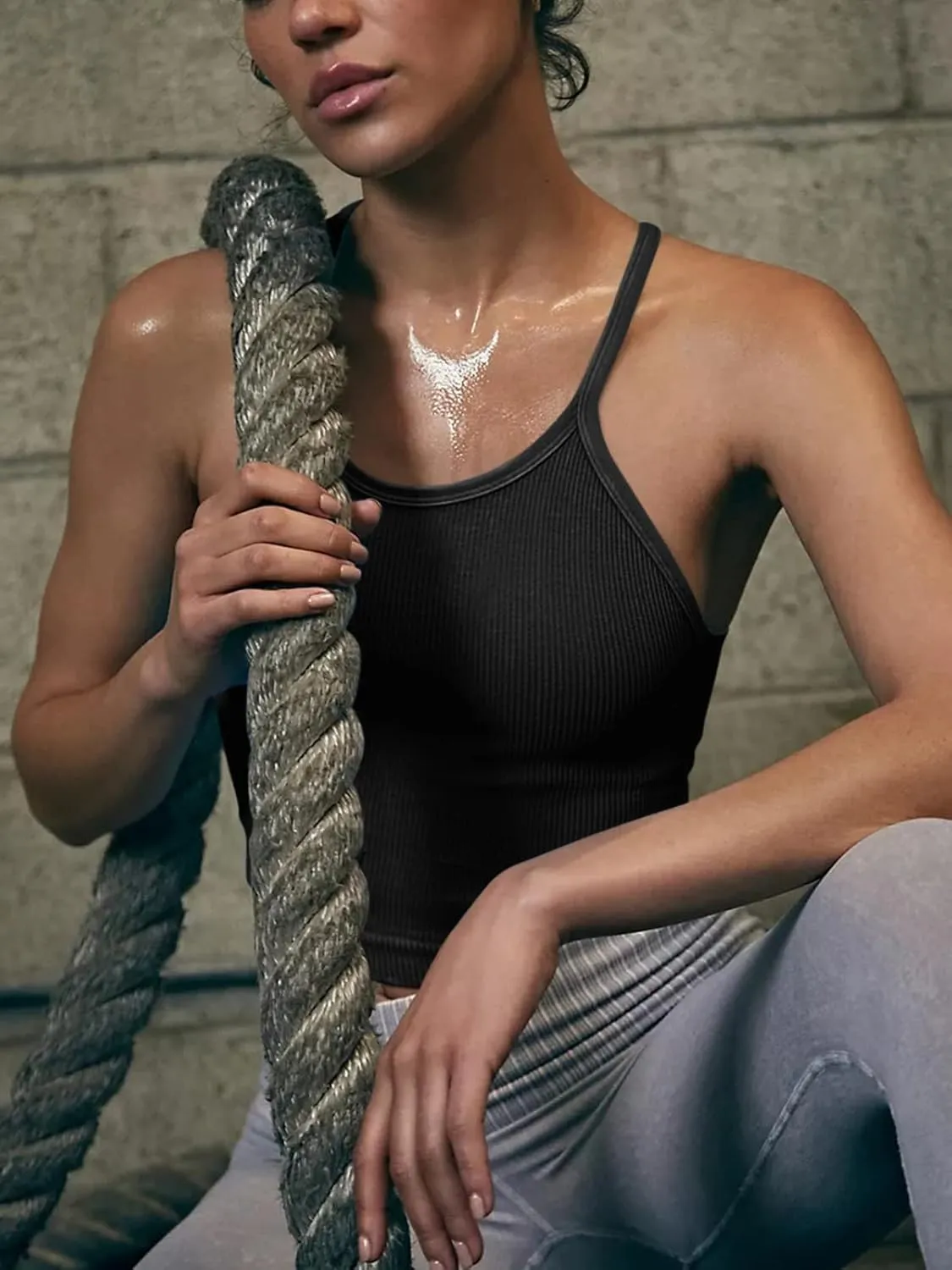 LASLULU Womens Sports Bra Seamless Long Crop Tank Racer Back Spaghetti Strap Workout Yoga Bra Padded Halter Neck Casual Tops