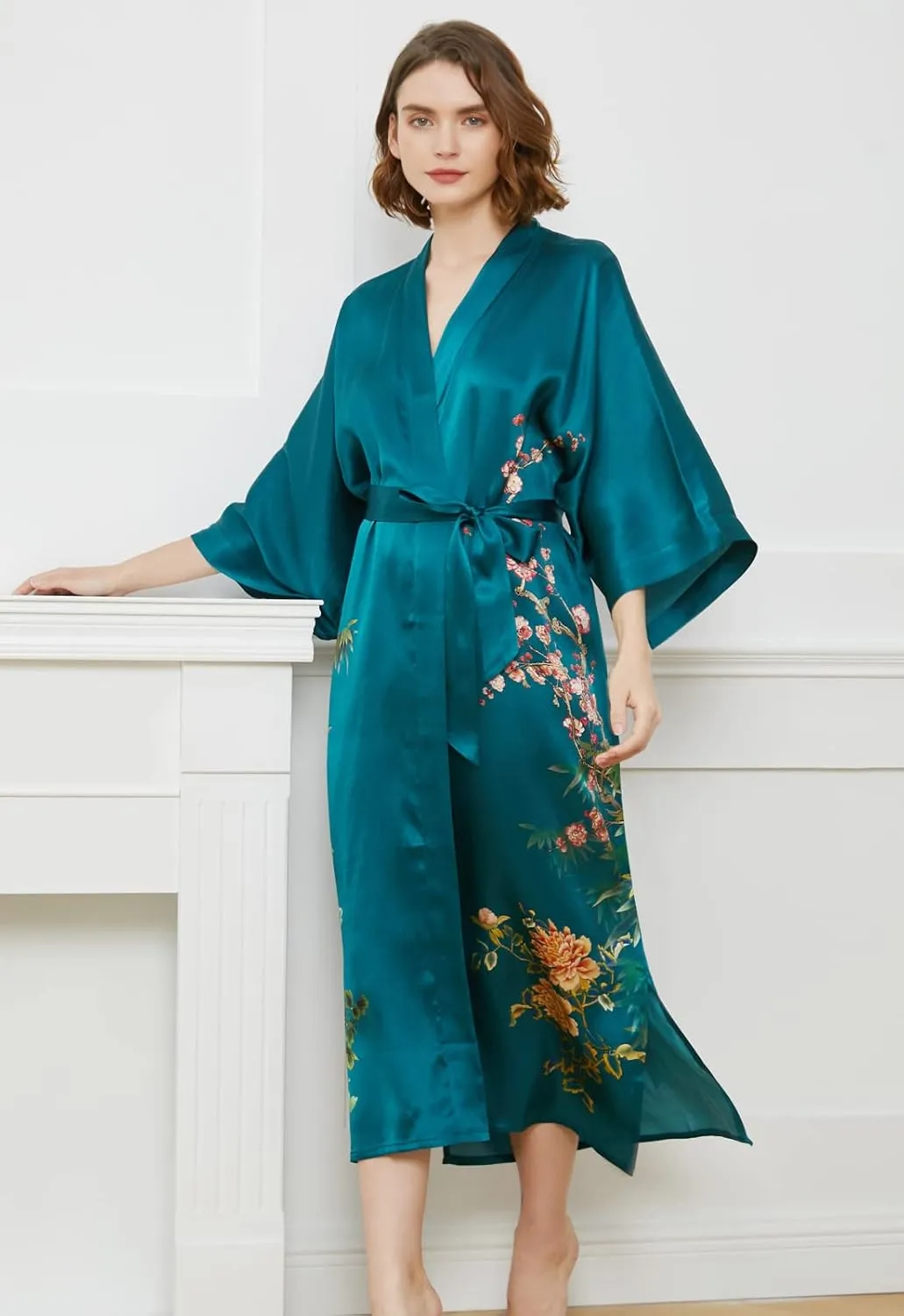 Ledamon Women's 100% Silk Kimono Long Robe - Classic Colors and Prints