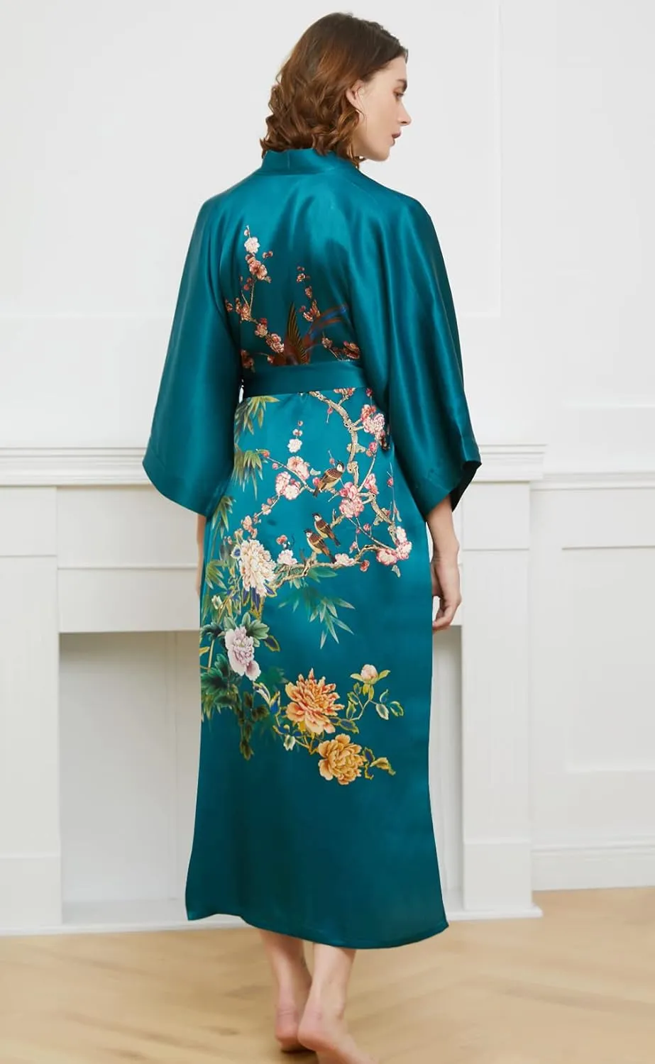 Ledamon Women's 100% Silk Kimono Long Robe - Classic Colors and Prints