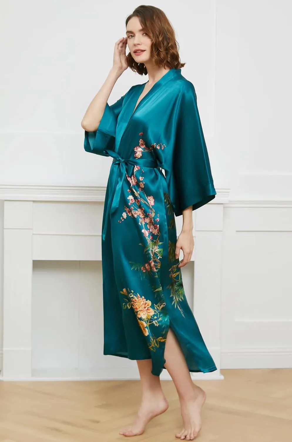 Ledamon Women's 100% Silk Kimono Long Robe - Classic Colors and Prints