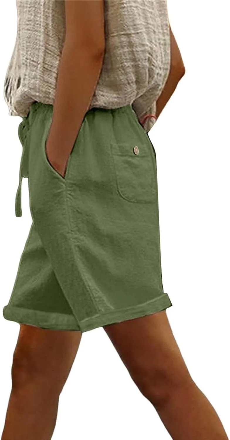 Linen Short for Women Summer 2025 Solid Drawstring High Waist Wide Leg Workout Shorts Tropical Vacation Outfits Women