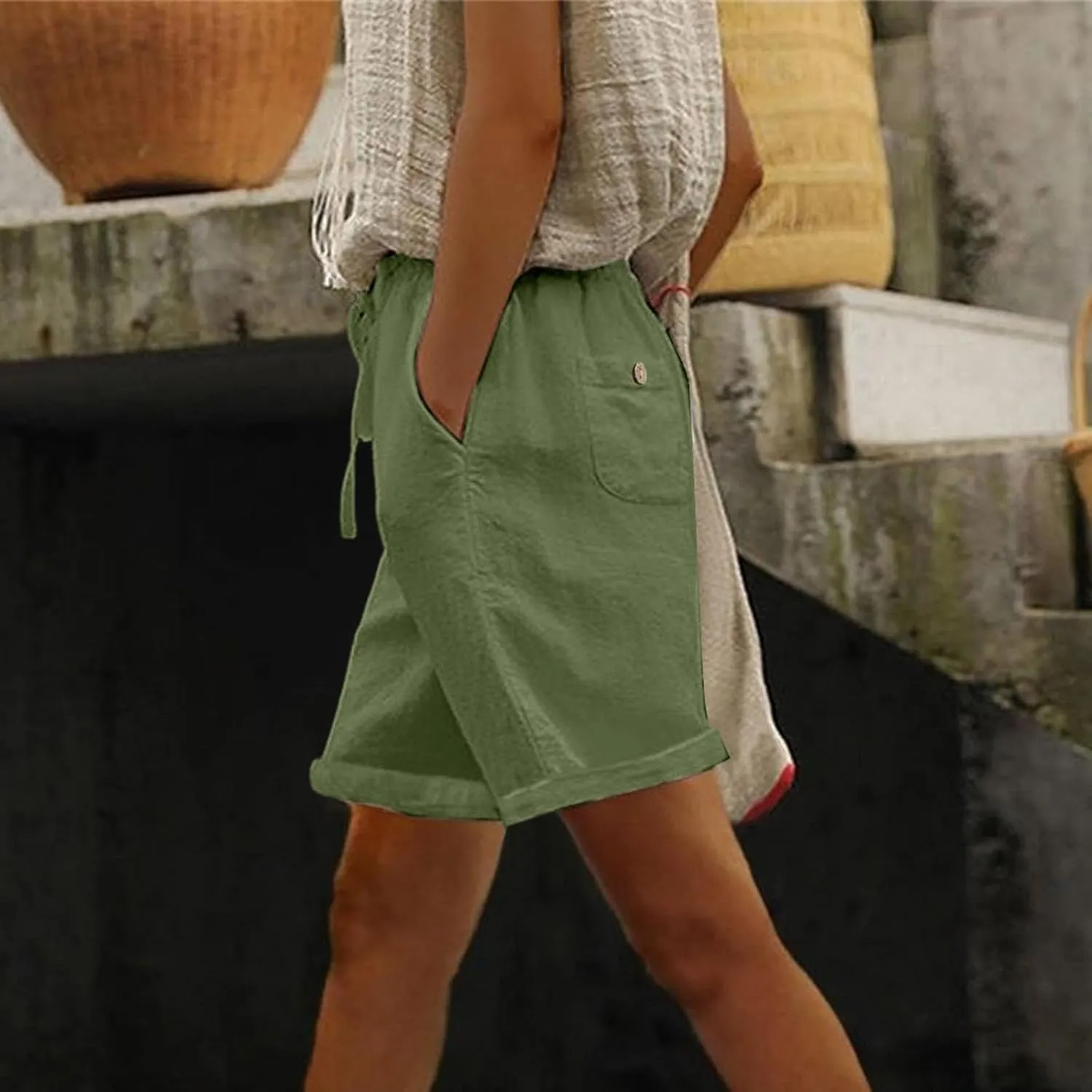 Linen Short for Women Summer 2025 Solid Drawstring High Waist Wide Leg Workout Shorts Tropical Vacation Outfits Women
