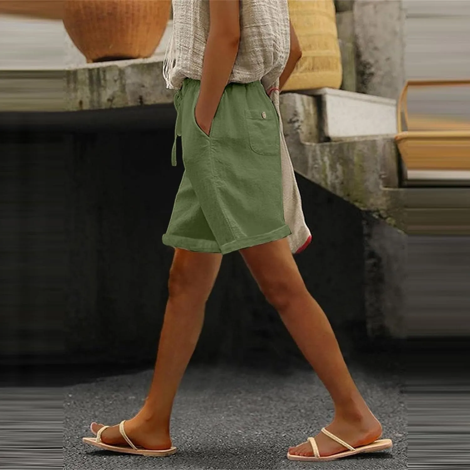 Linen Short for Women Summer 2025 Solid Drawstring High Waist Wide Leg Workout Shorts Tropical Vacation Outfits Women
