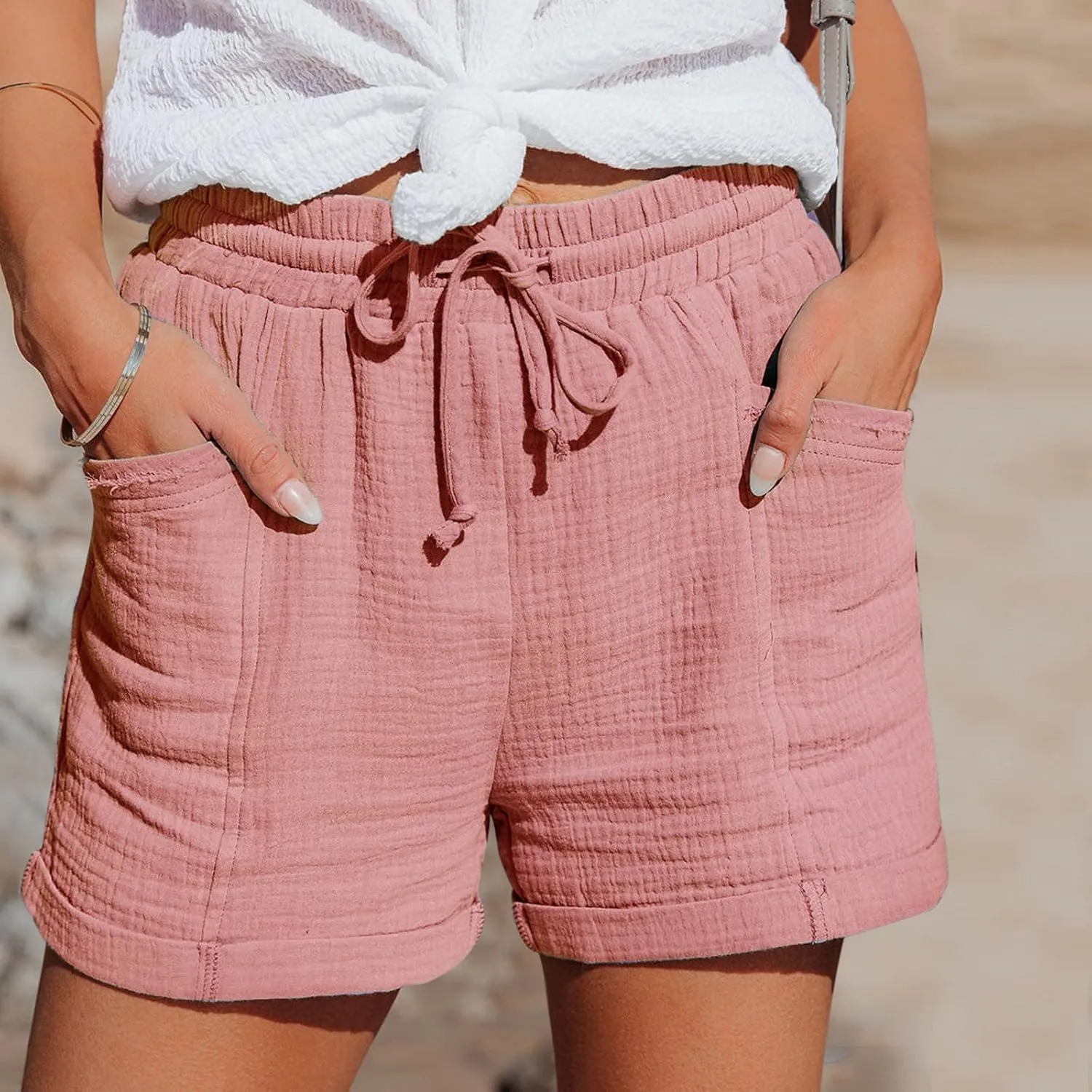 Linen Shorts for Women 2025 Summer Beach Resort Wear Drawstring Elastic High Waist Dressy Casual Shorts with Pockets