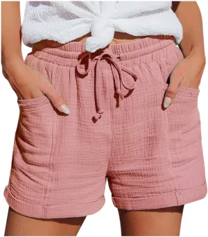 Linen Shorts for Women 2025 Summer Beach Resort Wear Drawstring Elastic High Waist Dressy Casual Shorts with Pockets