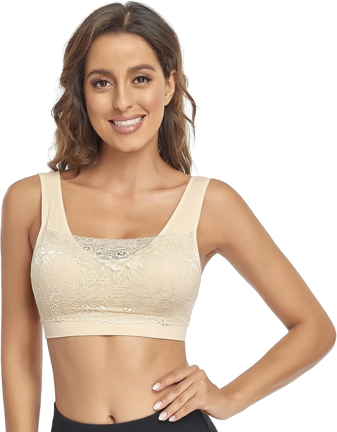 Litthing Lace Bralettes for Women Padded Sports Bra Seamless Plus Size Tank Tops Wirefree Comfort Yoga Cami T Shirt Bras
