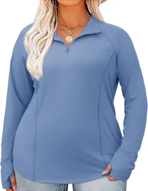 LOMON Womens Plus Size Workout Tops Long Sleeve 1/4 Zip UV Sun Protection Quick Dry Hiking Athletic Shirts Rash Guard UPF 50 