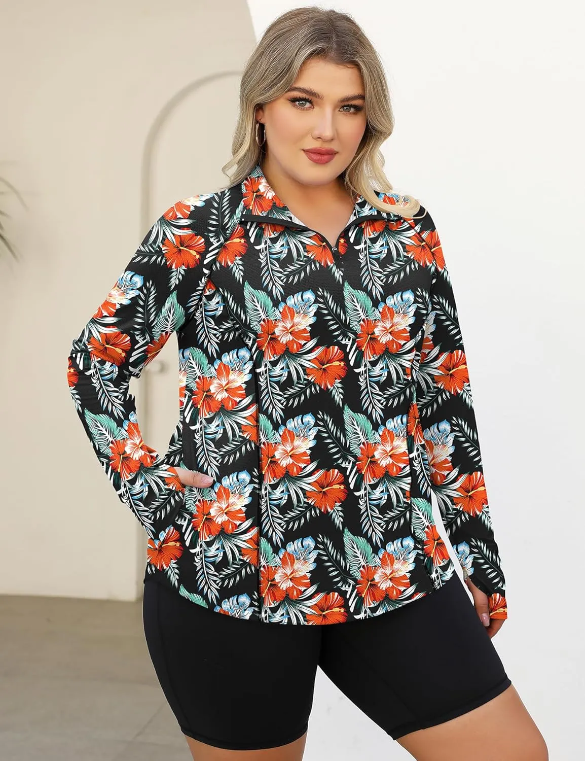 LOMON Womens Plus Size Workout Tops Long Sleeve 1/4 Zip UV Sun Protection Quick Dry Hiking Athletic Shirts Rash Guard UPF 50 
