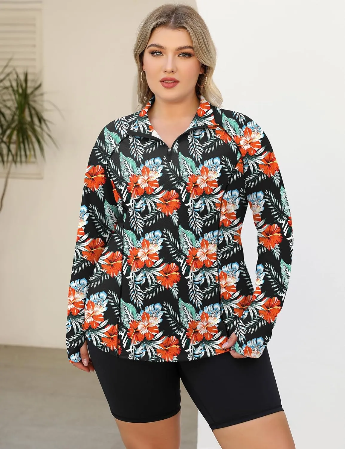 LOMON Womens Plus Size Workout Tops Long Sleeve 1/4 Zip UV Sun Protection Quick Dry Hiking Athletic Shirts Rash Guard UPF 50 