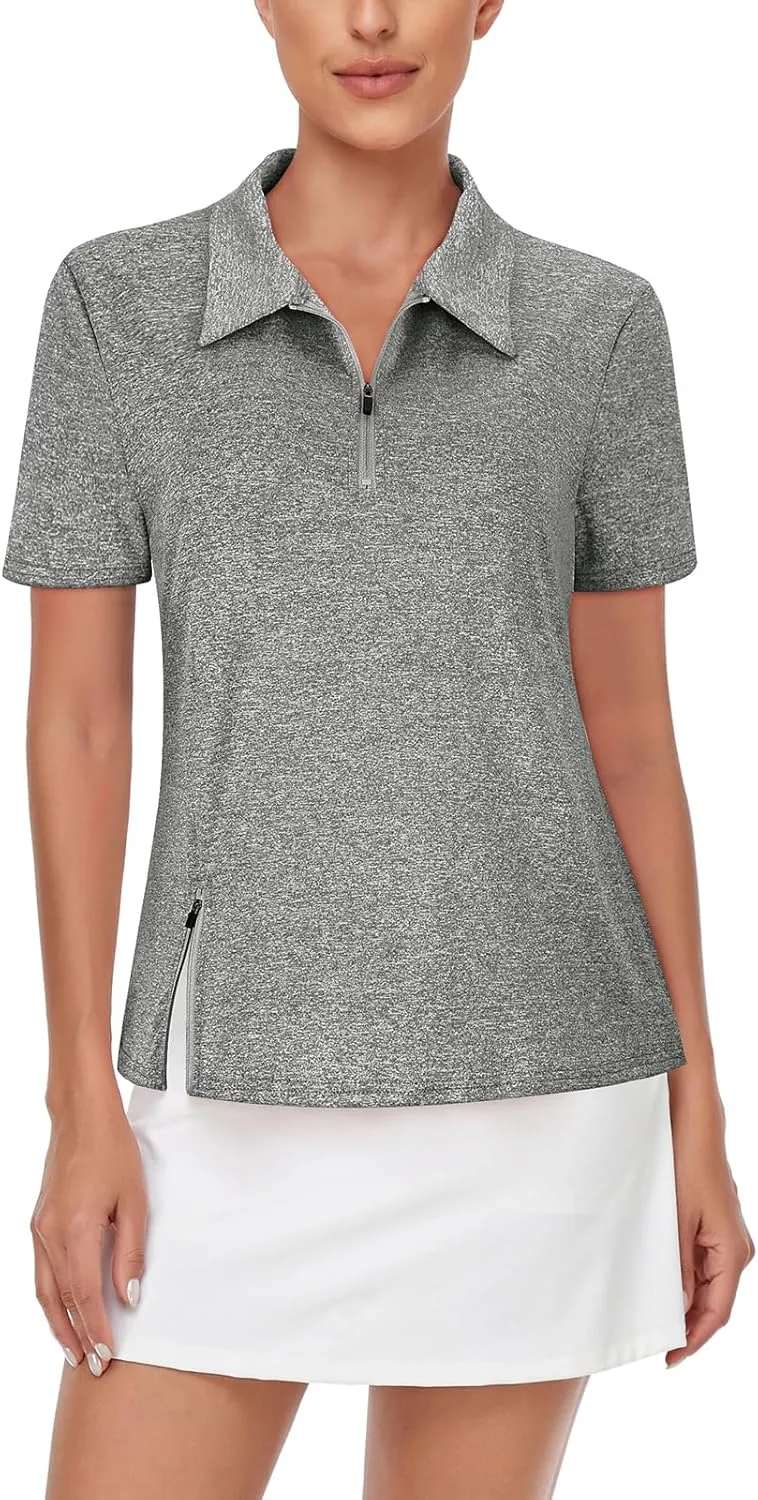 LURANEE Women's Short Sleeve Golf Shirt UPF 50 Zip Up Quick Dry Tennis Polo Workout Tops Slit Zipper at Hem