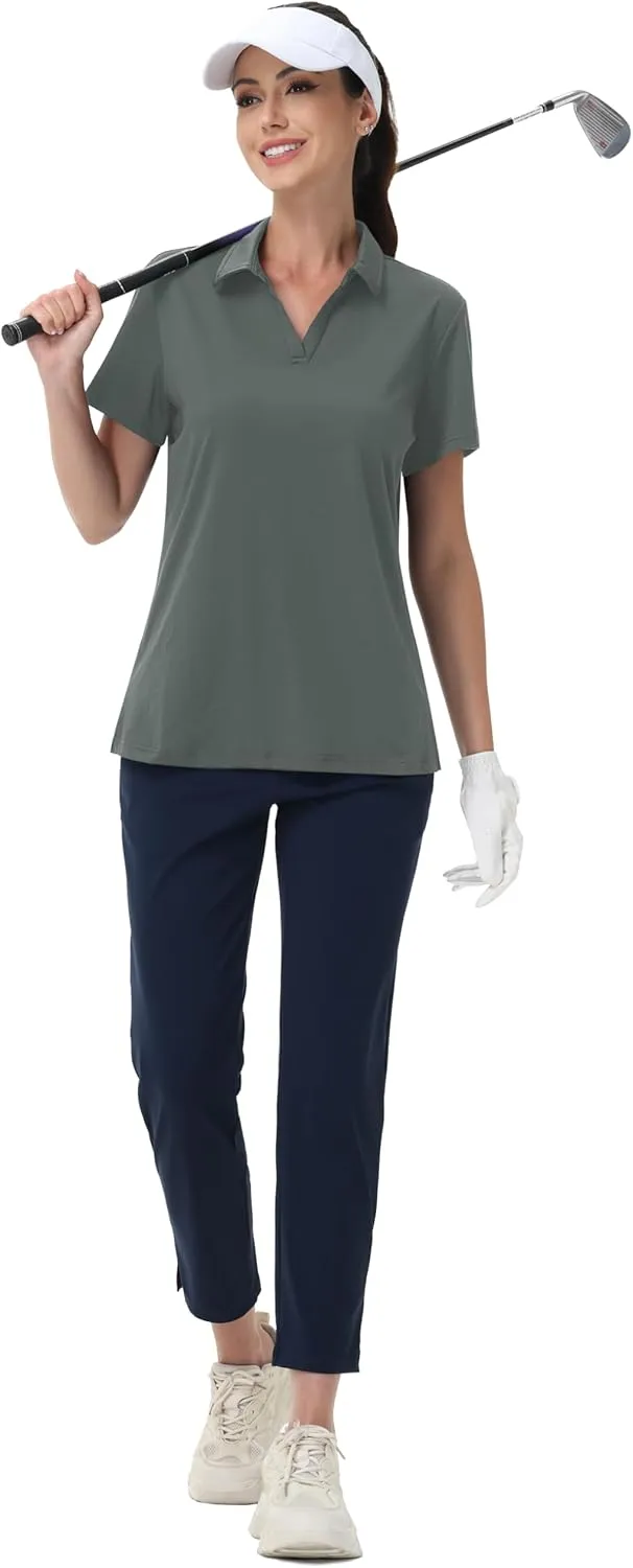 MAGCOMSEN Women's Golf Shirts Short Sleeve Polo Collared Tennis Shirt V Neck Quick Dry Sun Protection UPF 50 