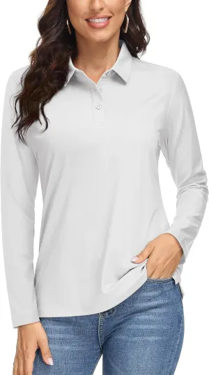 MAGCOMSEN Women's Long Sleeve Golf Shirts UPF 50  Polo Moisture Wicking 3-Button Placket Casual Shirt for Tennis Sports