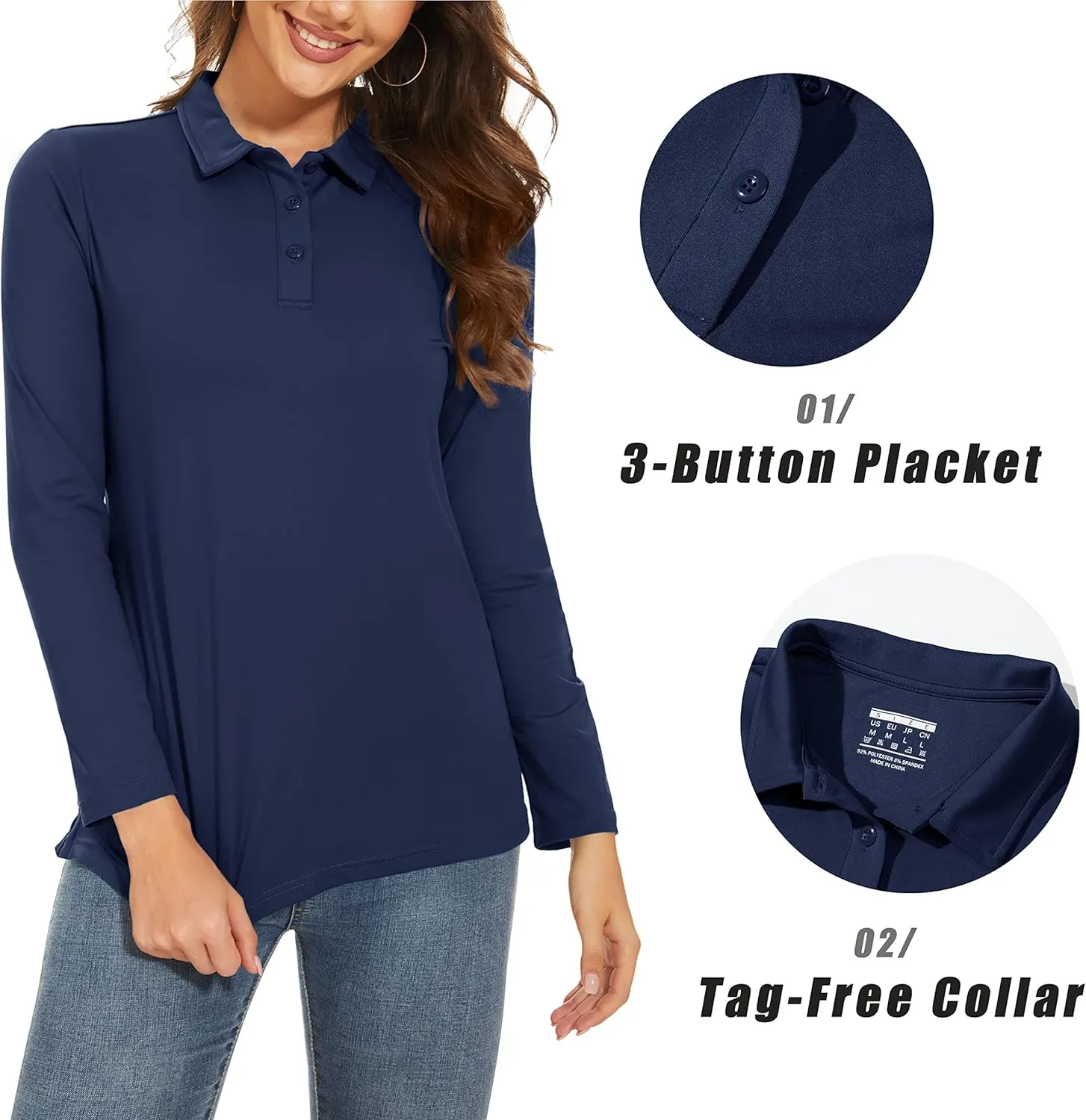 MAGCOMSEN Women's Long Sleeve Golf Shirts UPF 50  Polo Moisture Wicking 3-Button Placket Casual Shirt for Tennis Sports