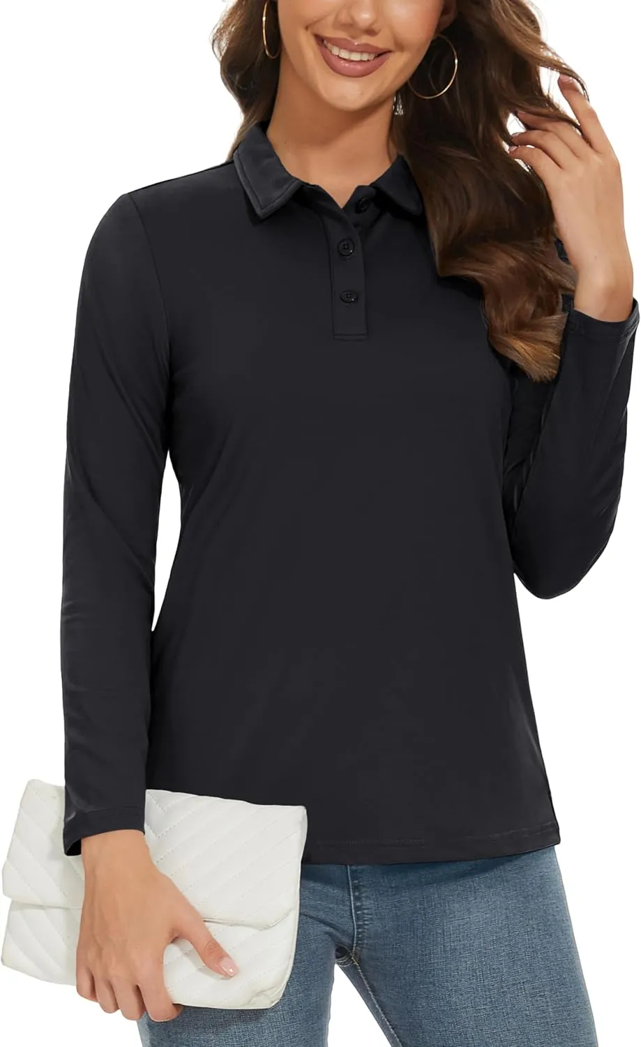 MAGCOMSEN Women's Long Sleeve Golf Shirts UPF 50  Polo Moisture Wicking 3-Button Placket Casual Shirt for Tennis Sports