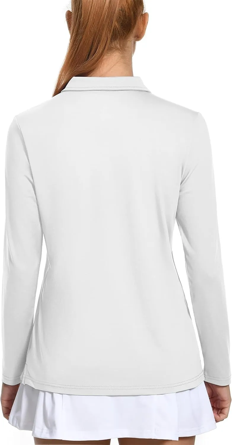 MAGCOMSEN Women's Long Sleeve Golf Shirts UPF 50  Polo Moisture Wicking 3-Button Placket Casual Shirt for Tennis Sports