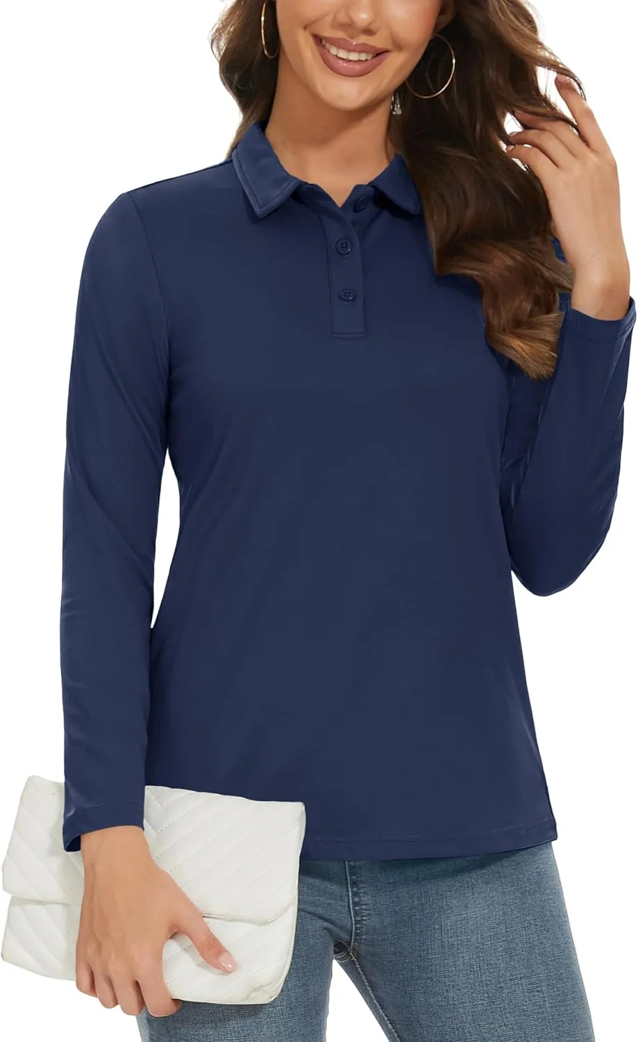 MAGCOMSEN Women's Long Sleeve Golf Shirts UPF 50  Polo Moisture Wicking 3-Button Placket Casual Shirt for Tennis Sports