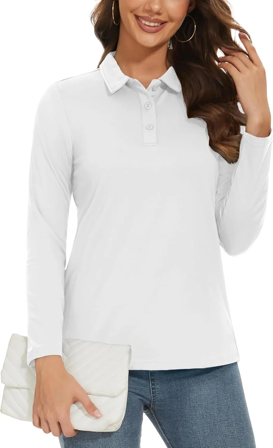 MAGCOMSEN Women's Long Sleeve Golf Shirts UPF 50  Polo Moisture Wicking 3-Button Placket Casual Shirt for Tennis Sports