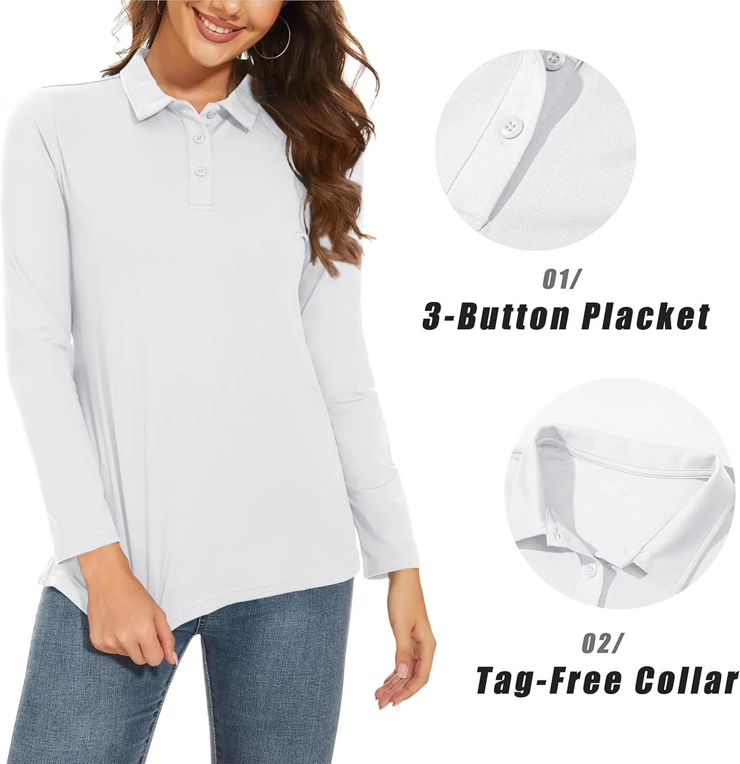 MAGCOMSEN Women's Long Sleeve Golf Shirts UPF 50  Polo Moisture Wicking 3-Button Placket Casual Shirt for Tennis Sports