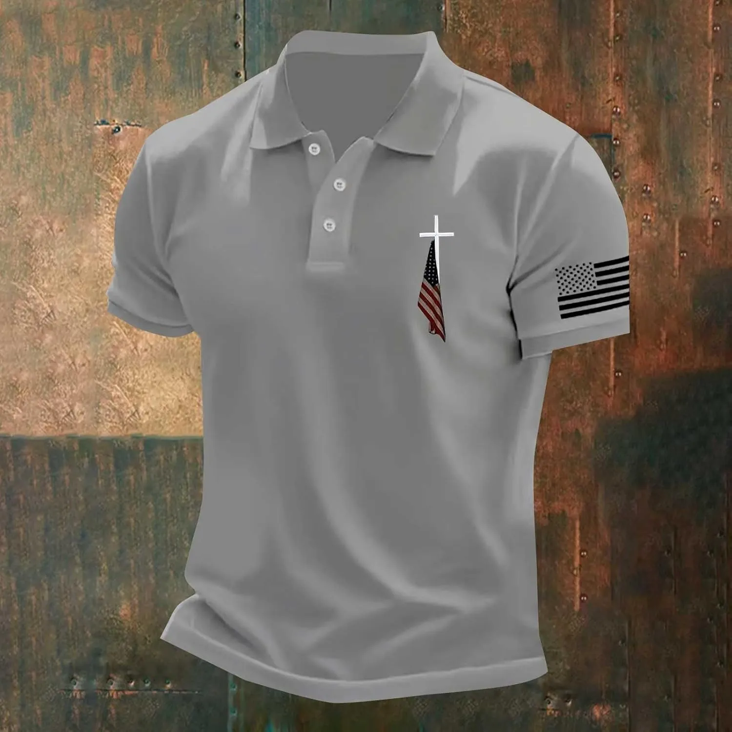 Mens 4th of July American Flag Polo Shirts Button Up Lapel Fashion Golf Shirts Cross Nail Embroidered Tops for Tennis