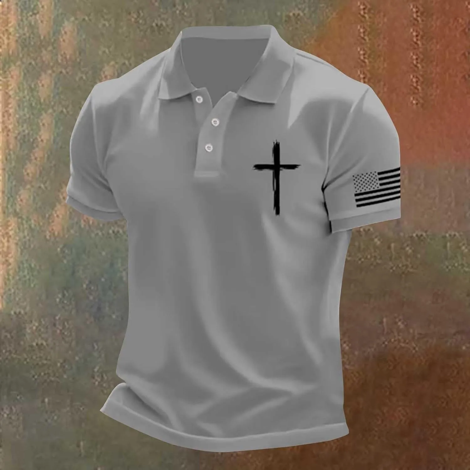 Mens 4th of July American Flag Polo Shirts Button Up Lapel Fashion Golf Shirts Cross Nail Embroidered Tops for Tennis
