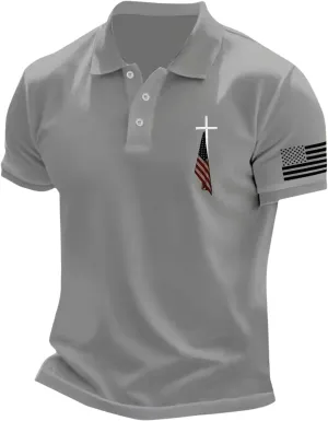 Mens 4th of July American Flag Polo Shirts Button Up Lapel Fashion Golf Shirts Cross Nail Embroidered Tops for Tennis