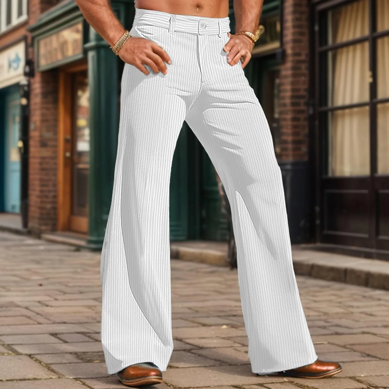 Men's Corduroy Flared Pants Breathable Lightweight Flat Front Bell-Bottoms Streetwear Casual Comfy Bootcut Trousers