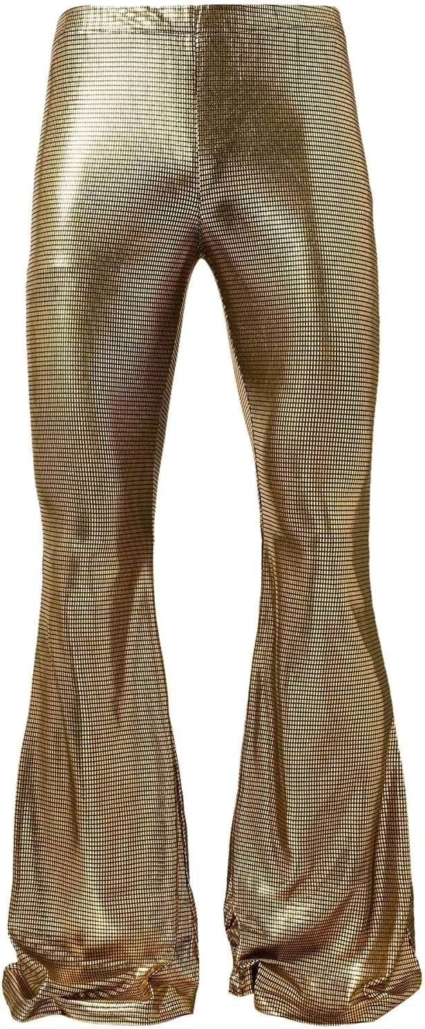 Men's Faux Leather Plaid Flared Pants Wet Look Glitter Skinny Bell-Bottoms Clubwear Party Night Out Bootcut Trousers