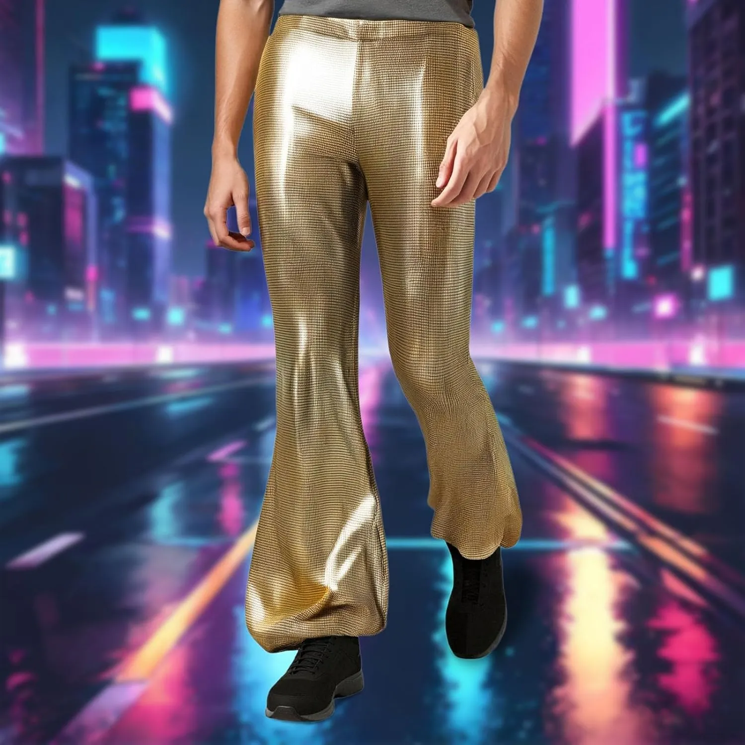 Men's Faux Leather Plaid Flared Pants Wet Look Glitter Skinny Bell-Bottoms Clubwear Party Night Out Bootcut Trousers