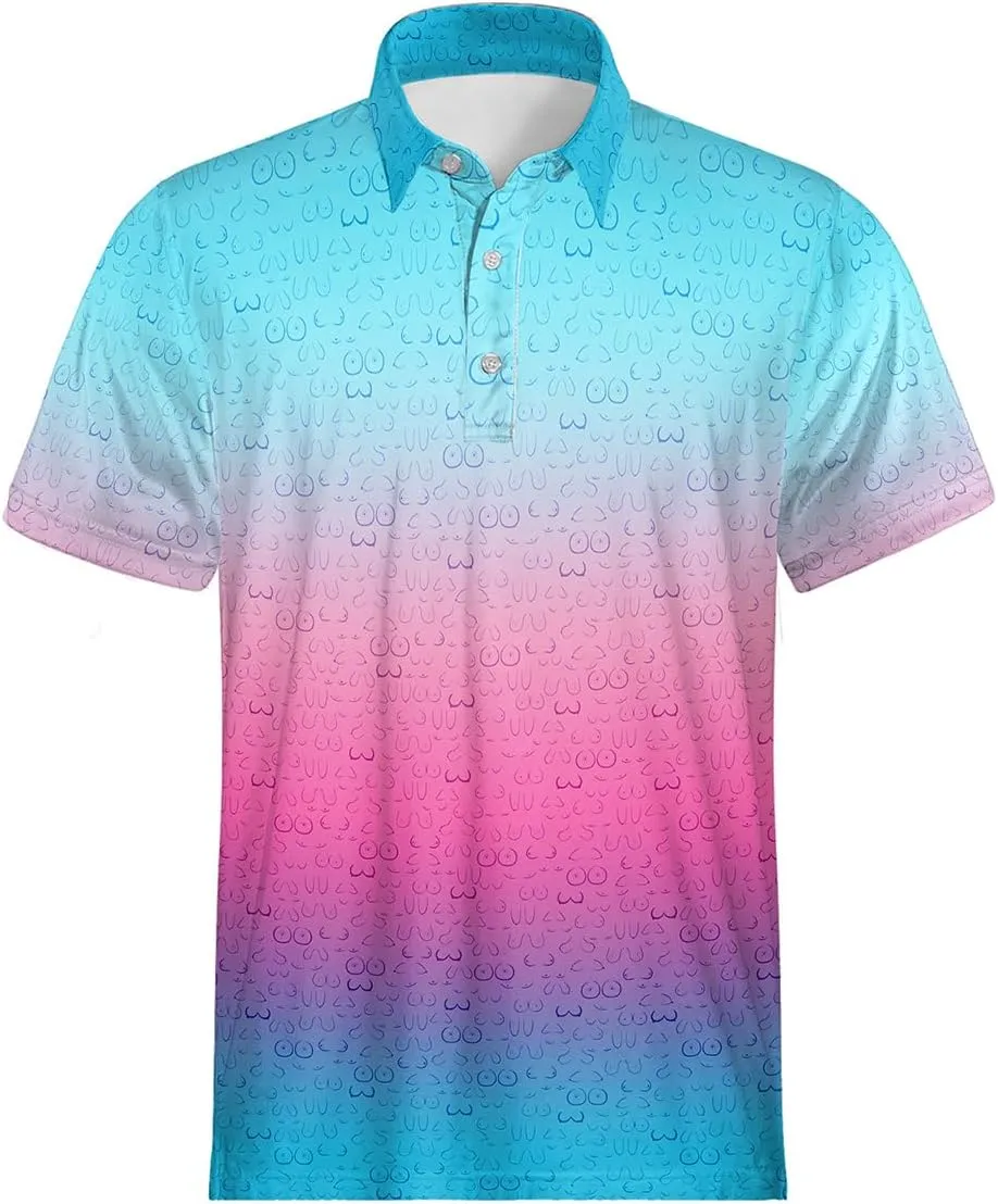 Men's Funny Golf Polo Shirts Quick Dry Blue Cartoon Short Sleeve Polo Shirts