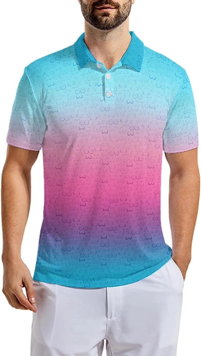 Men's Funny Golf Polo Shirts Quick Dry Blue Cartoon Short Sleeve Polo Shirts