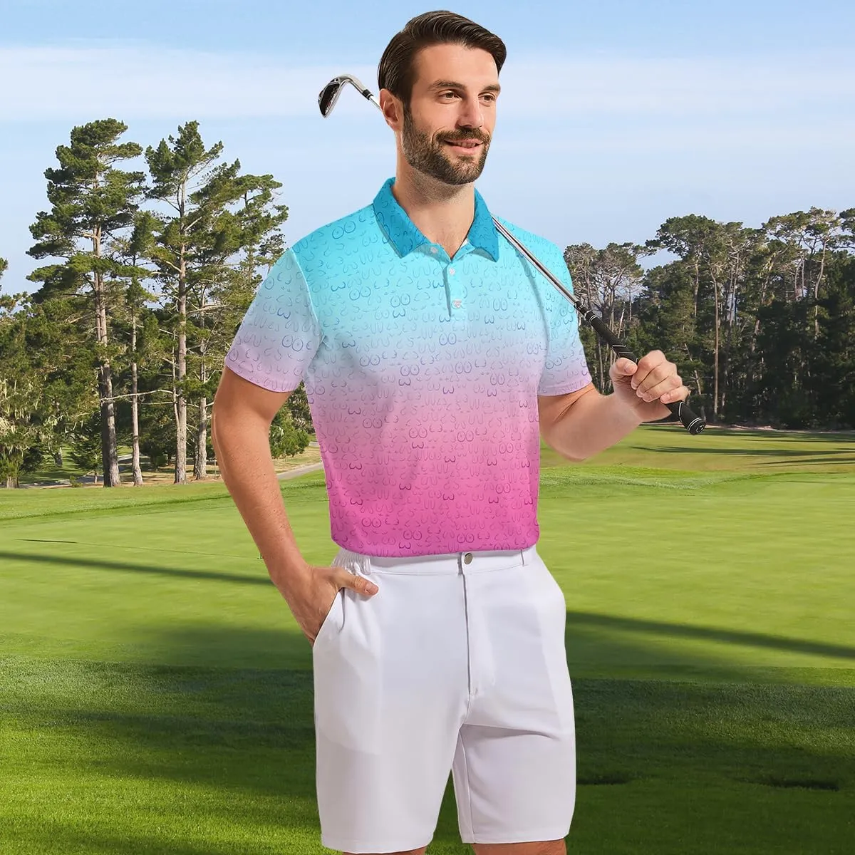 Men's Funny Golf Polo Shirts Quick Dry Blue Cartoon Short Sleeve Polo Shirts