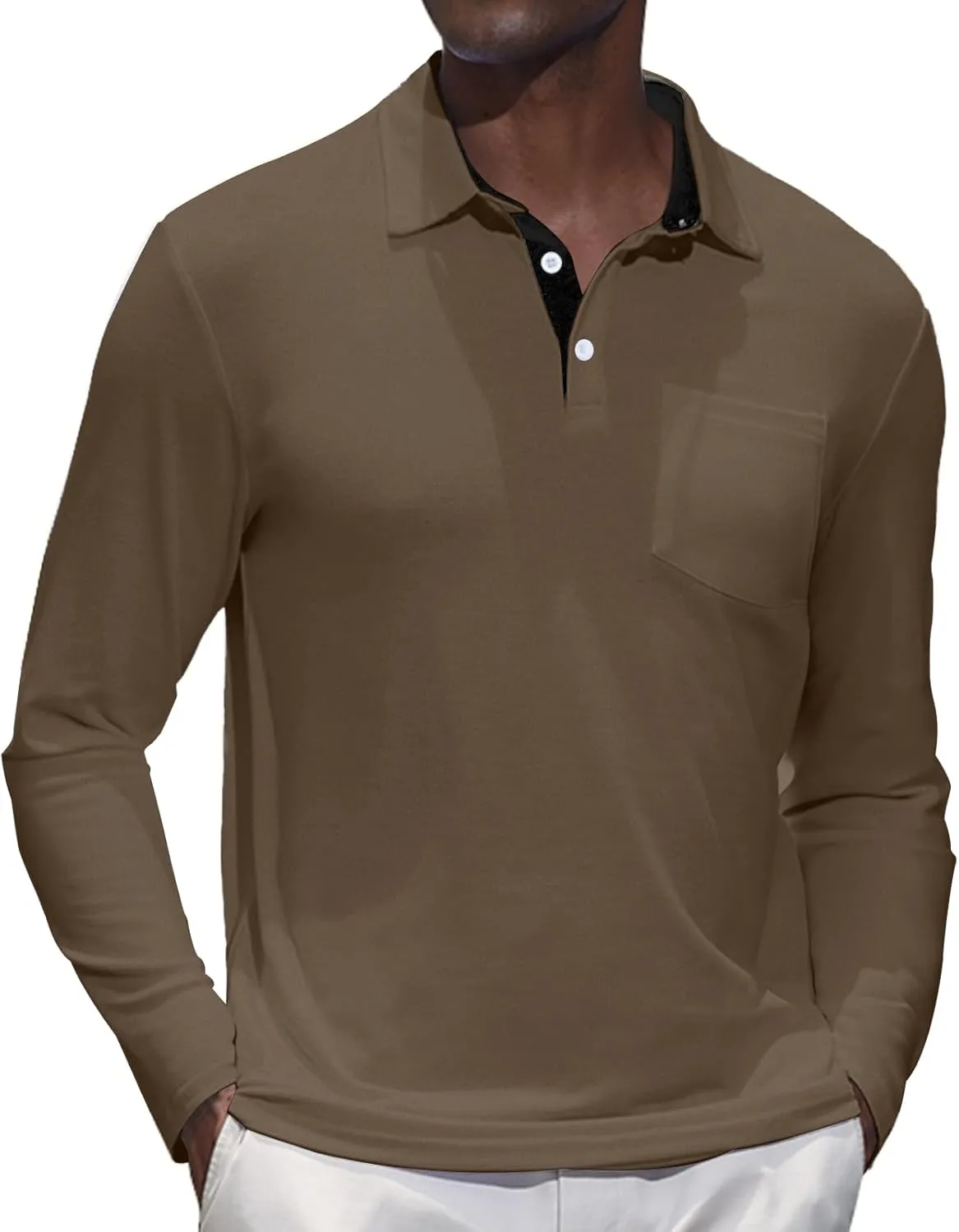 Mens Knit Polo Shirts Long Sleeve Classic Polo Shirts Classic Button Basic Shirt Solid Color Golf Shirts