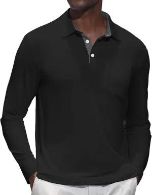 Mens Knit Polo Shirts Long Sleeve Classic Polo Shirts Classic Button Basic Shirt Solid Color Golf Shirts