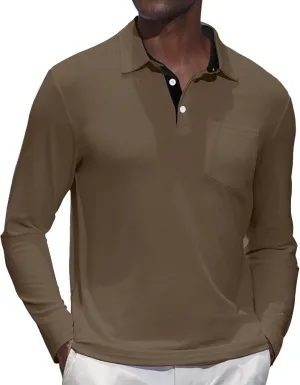 Mens Knit Polo Shirts Long Sleeve Classic Polo Shirts Classic Button Basic Shirt Solid Color Golf Shirts
