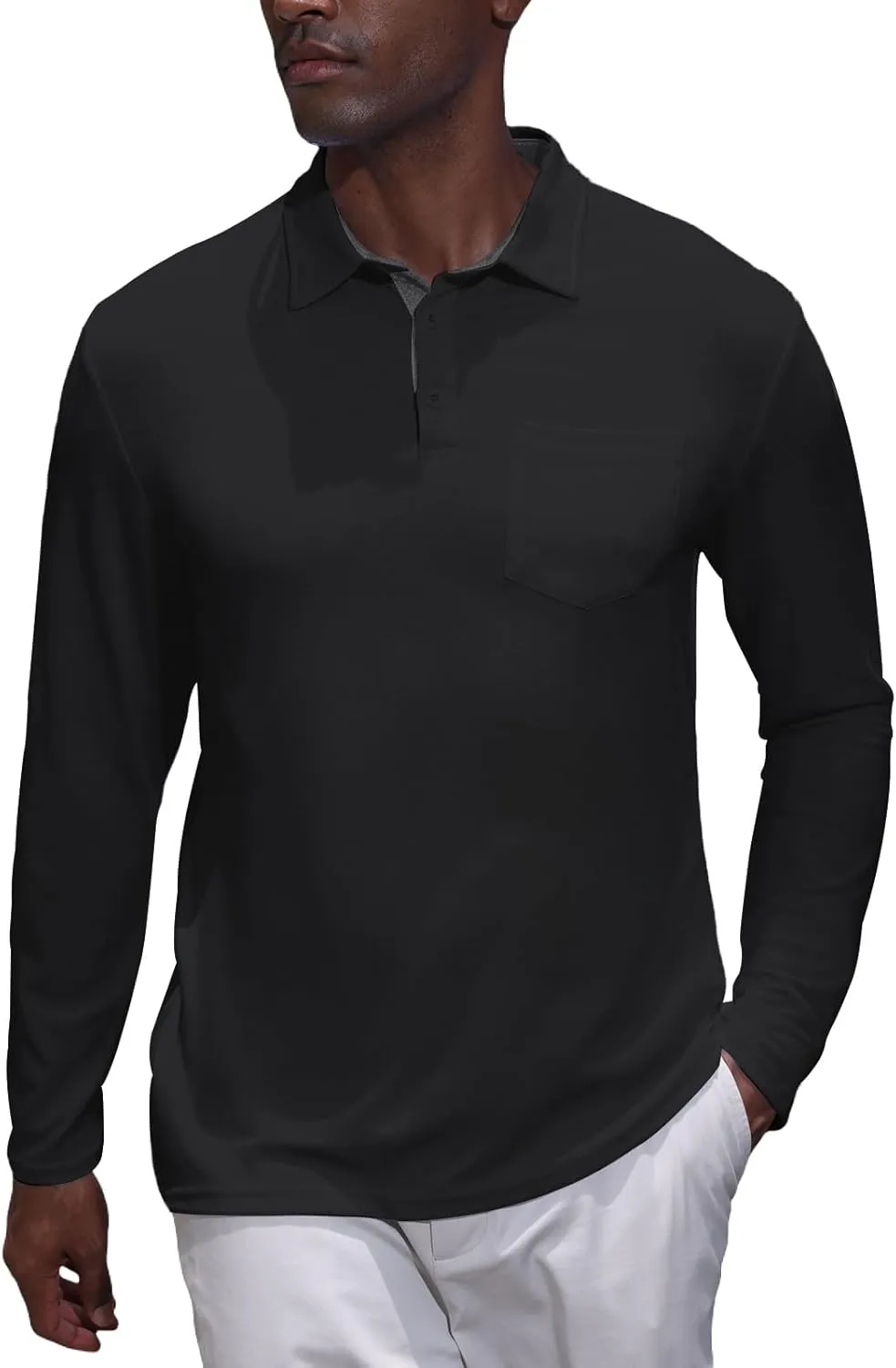Mens Knit Polo Shirts Long Sleeve Classic Polo Shirts Classic Button Basic Shirt Solid Color Golf Shirts