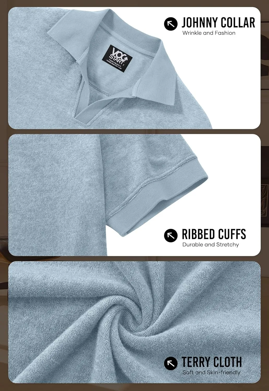 Mens Terry Polo Shirts Johnny Collar Casual Summer Short Sleeve Buttonless Shirt (S-XXL)