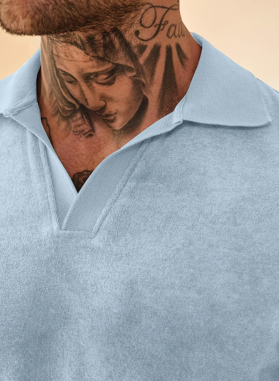 Mens Terry Polo Shirts Johnny Collar Casual Summer Short Sleeve Buttonless Shirt (S-XXL)