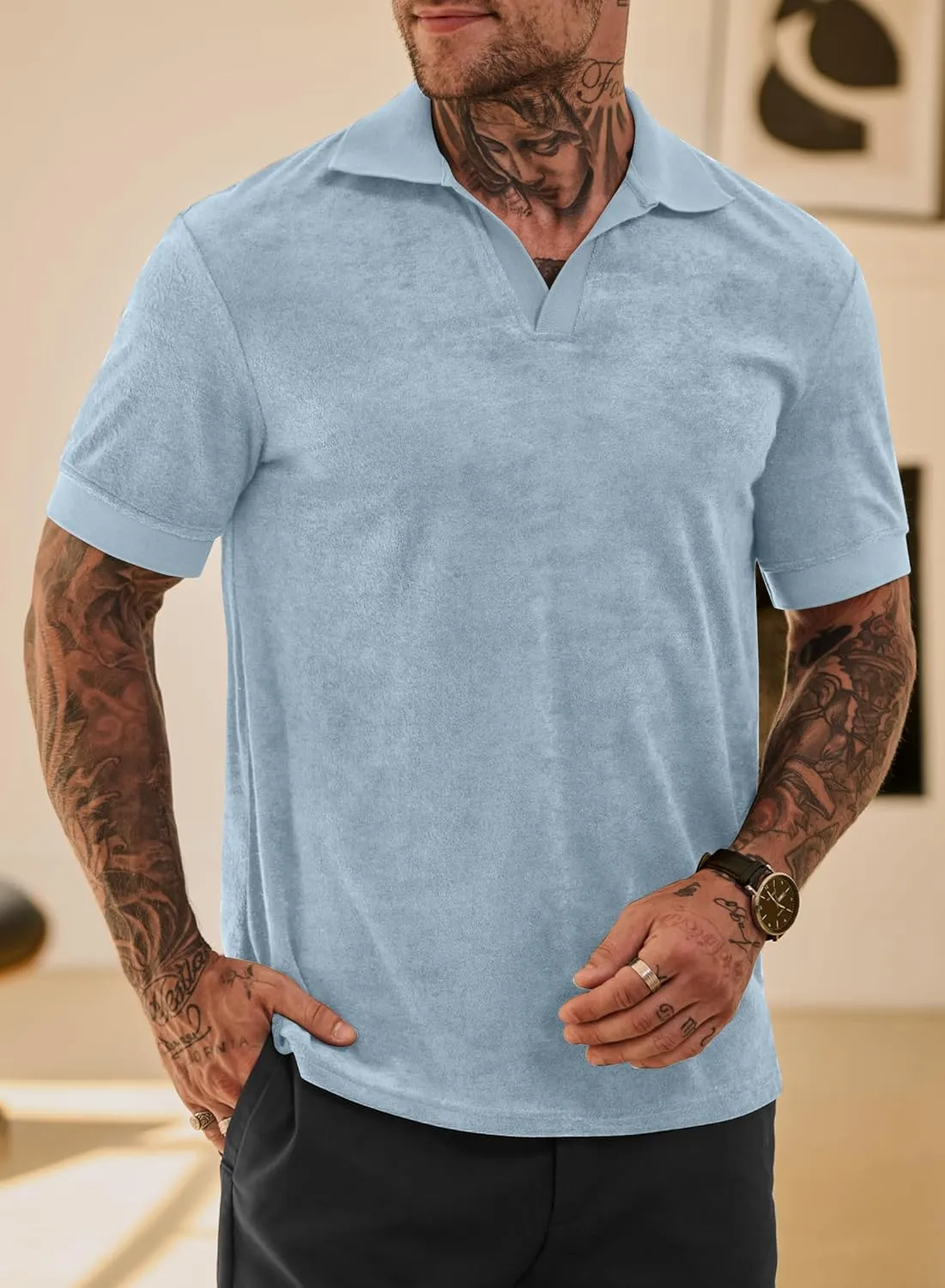 Mens Terry Polo Shirts Johnny Collar Casual Summer Short Sleeve Buttonless Shirt (S-XXL)