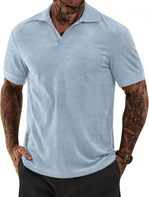 Mens Terry Polo Shirts Johnny Collar Casual Summer Short Sleeve Buttonless Shirt (S-XXL)